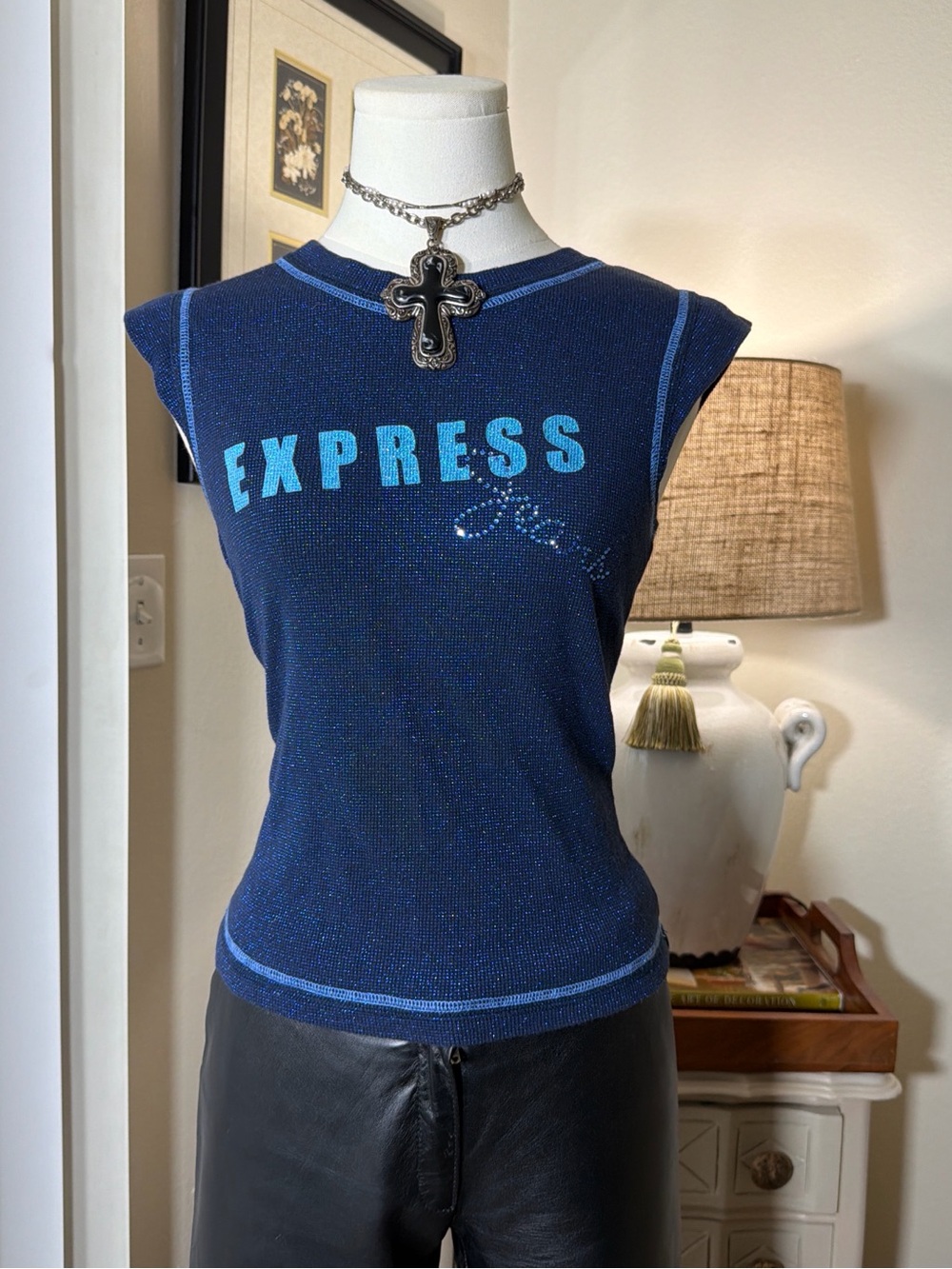 Express Glitter Rhinestone Navy Blue Logo Knit Top